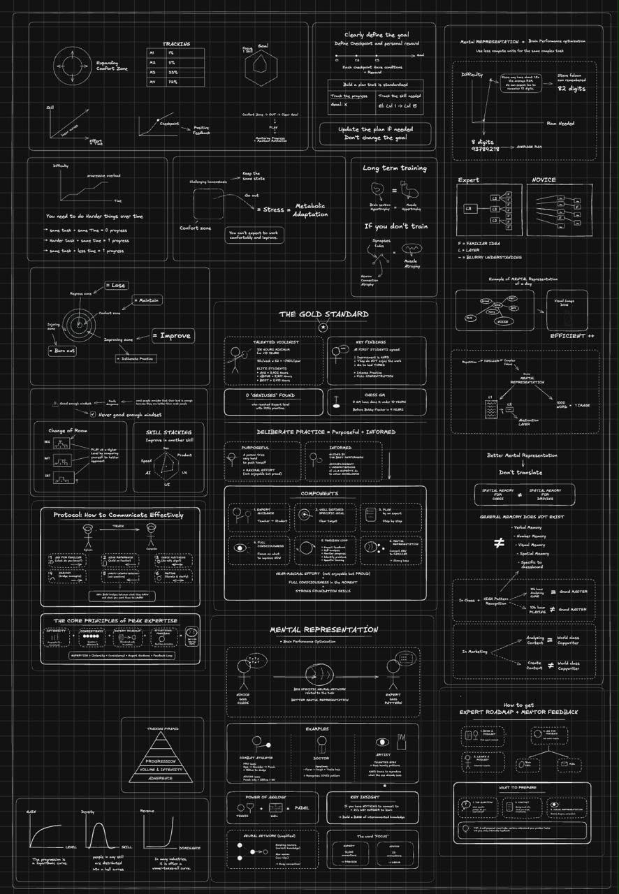 A visual model of deliberate practice, structured into principles and connected diagrams